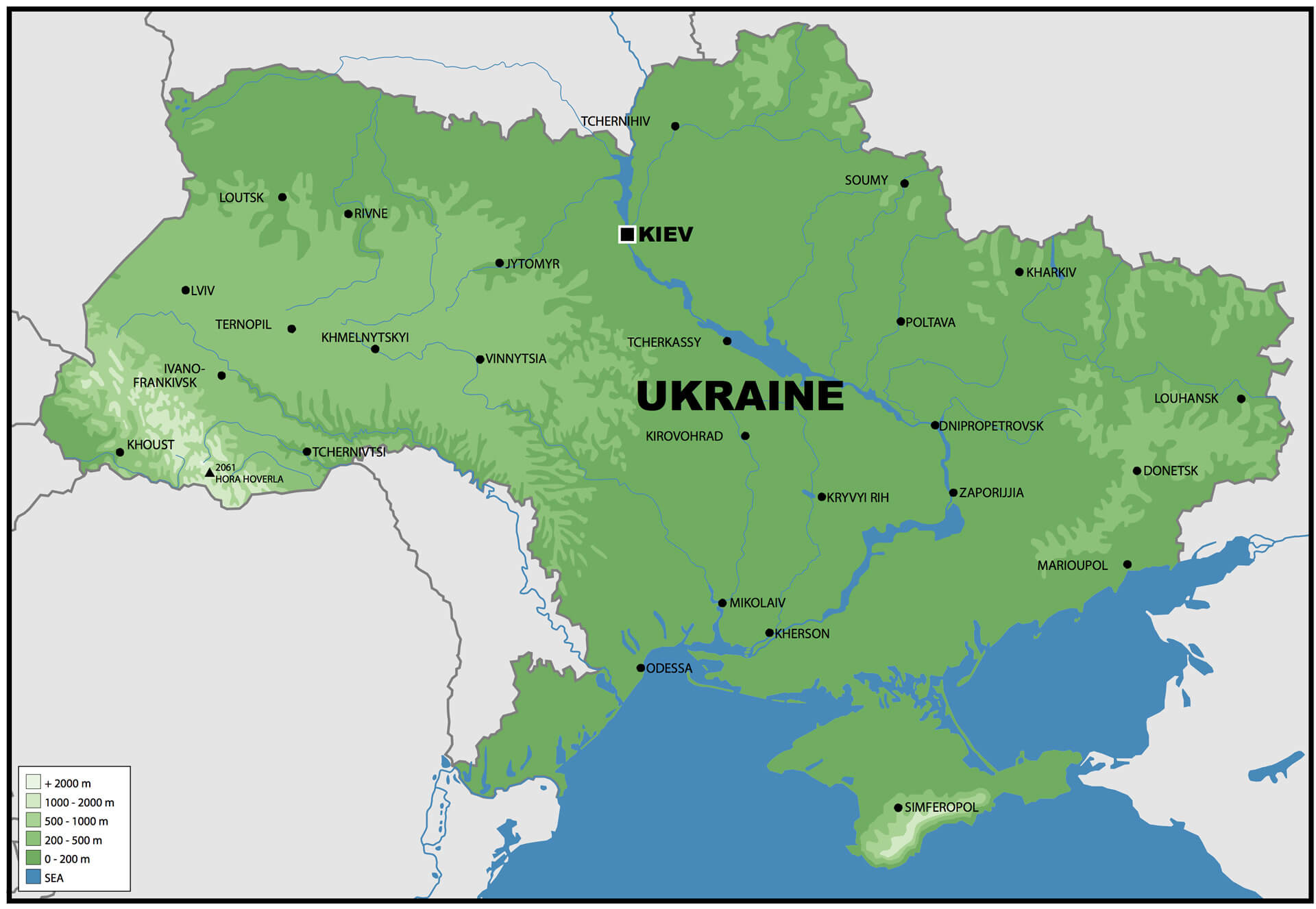 Große physische Karte der Ukraine